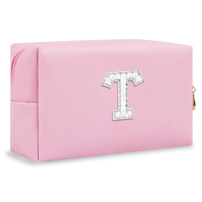 ChaoGreat Bride Gifts – Personalized Initial Makeup Bag with Pearl Rhinestone Patch, Preppy Pink Monogram Cosmetic/Toiletry Pouch, bridesmaid Gifts, Bridal Shower Gifts, Wedding Gifts, Bridal Gifts,T