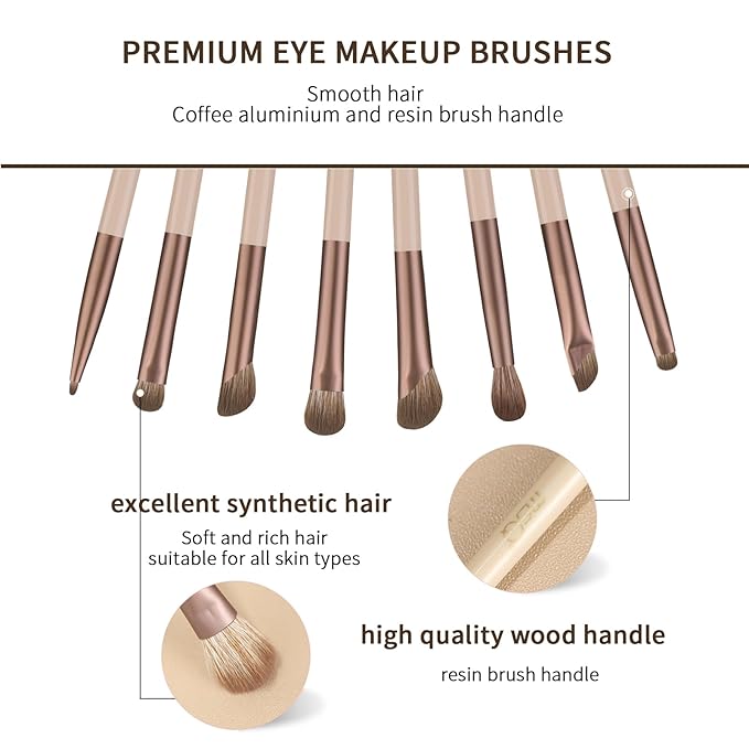 MSQ Eye Makeup Brushes 8pcs Eyeshadow Makeup Brushes Set with Bag Soft Synthetic Hairs for Eyeshadow, Eyeliner, Blending, Concealer, Nose Shadow (Khaki)