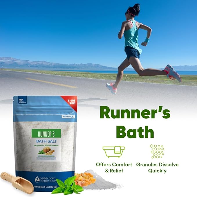 Runner's Bath Salt 128 Ounces (8 Lbs) Soothing Epsom Salt Bath Soaks with Natural Peppermint and Frankincense Essential Oils Plus Vitamin C in BPA Free Pouch with Easy Press Lock Seal Made in USA