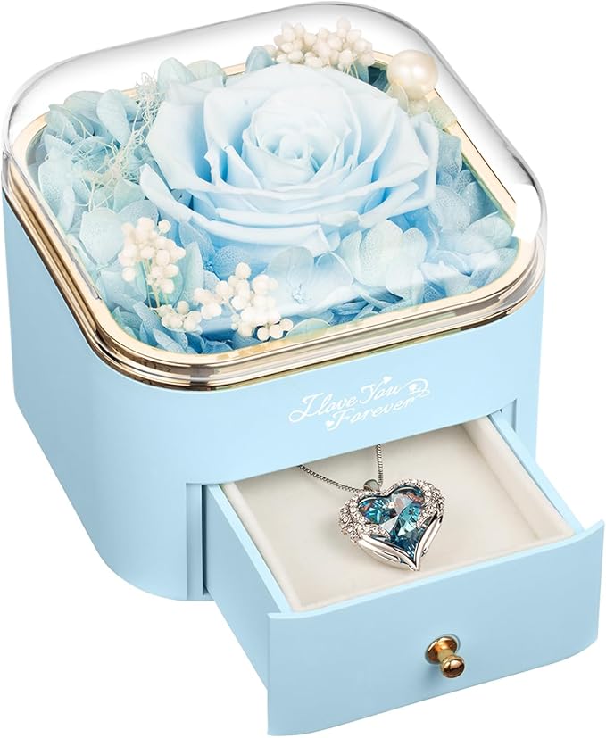 Preserved Real Light Blue Rose with Angle Wings Necklace, Forever Flowers Gifts for Mom Grandma Wife Girlfriend at Christmas Valentines, Anniversary Birthday Gifts for Women, I Love You Gifts for Her