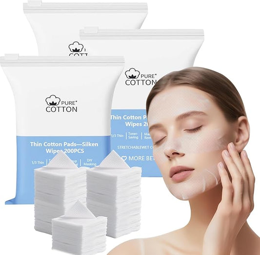 600 PCS Stretchable Makeup Cotton Wipes, Disposable Esthetic Wipe Thin Makeup Cotton Pads Pads for Face, Women Wet Applications Stretchable for Face for Skin Care Makeup 200 Count (Pack of 3)