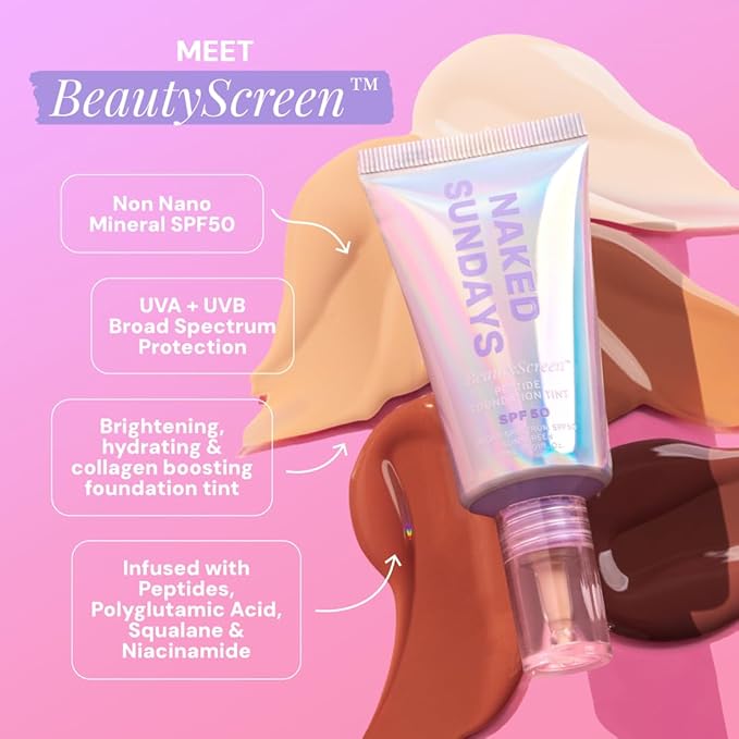 Naked Sundays BeautyScreen™ SPF 50 Mineral Peptide Foundation Tint – 2-in-1 Skin Tint & Mineral Sunscreen | Radiant, Buildable Coverage, Acne-Safe, Infused with Peptides (9.6. Rich Neutral, 1.01 oz)