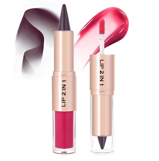 2-in-1 Dual-Ended Lip Liner Lipstick & Gloss Set, Lip Combo with Mirror Effect, Smooth Matte Lip Liner and Moisturizing Lightweight Lip Plumping set for Women, 08 Fuchsia