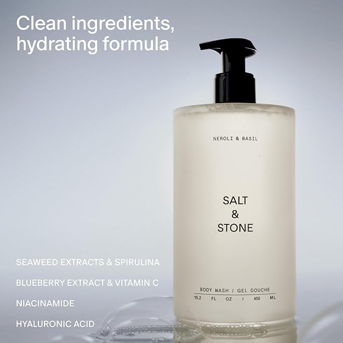 Salt & Stone Body Wash with Antioxidants for Deep Moisture | For Women & Men, Sulfate, Paraben, & Dye Free, Leaving Skin Soft and Hydrated (Neroli & Basil 32 fl oz)