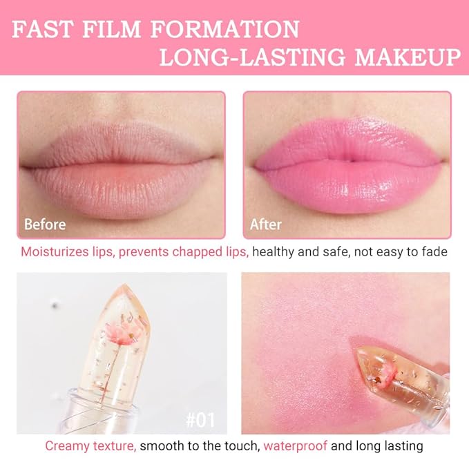 BINGBRUSH Crystal Flower Jelly Color Changing Lipstick,Long Lasting Lip Care Moisturizer Lip Balm Magic Color Change Lip Gloss Lip Tint Stain Matte Makeup Lipstick (01#Pink flower)