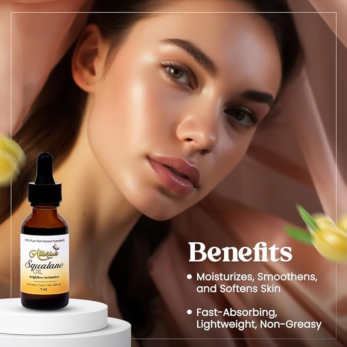Allurials 100% Organic & All Natural Plant-Based Squalane Oil for Face, Hair, & Body, Cold Pressed and Unrefined Premium Grade Multipurpose Facial Oil for Moisturize, Smooth, and Soften Skin - 1 Oz