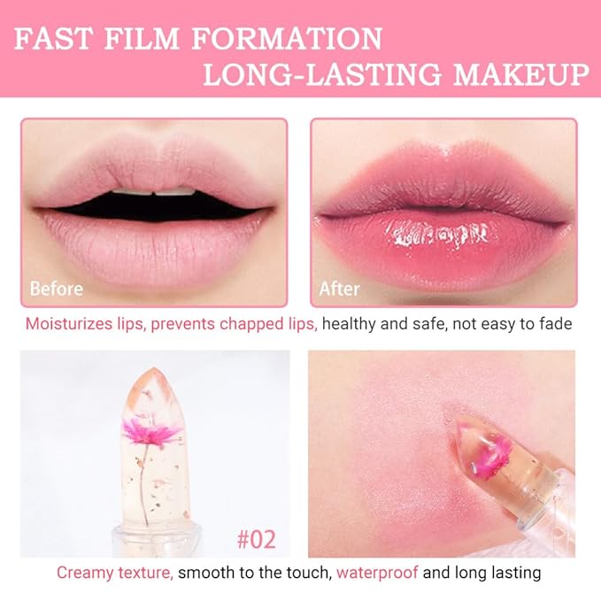 BINGBRUSH 2 Pcs Crystal Flower Jelly Color Changing Lipstick,Long Lasting Lip Care Moisturizer Lip Balm Magic Lip Gloss Lip Tint Stain Matte Makeup Lipstick (01#Pink&02#Rose red)