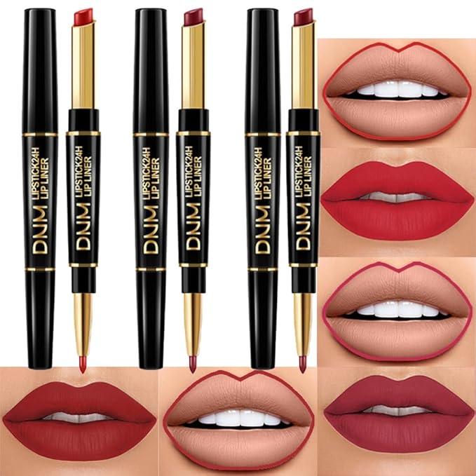 BINGBRUSH 3Pcs 2-in-1 Dark Wine Red Lip Liner and Lipstick Combo Set for Women, Matte Lips Kit with Lipliner Pencil Set Lip Stains Long Lasting Waterproof 24 Hour Original