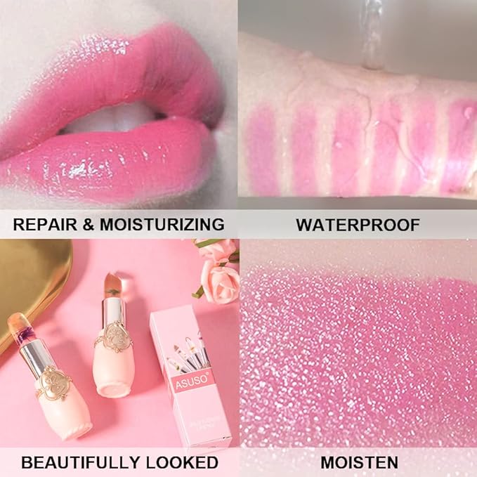BINGBRUSH 2Pcs Color Changing Lipstick,Pink Crystal Flower Jelly PH Mood Long Lasting Labiales Lip Care Moisturizer Lip Balm Korean Magic Lip Gloss Lip Tinted Stain Makeup Set for Women