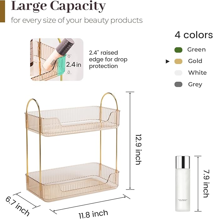 Aveniee Bathroom Counter Organizer, 2 Tier Perfume Skin Care Countertop Storage Shelf, Vanity Makeup Tray for Cosmetic Skincare Lotion, Gold