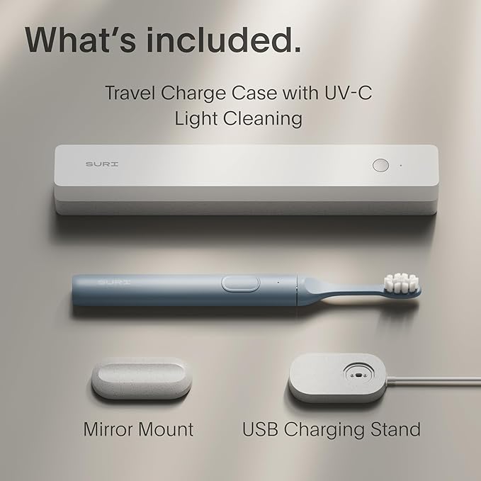 SURI 1.0 Sonic Electric Toothbrush with UV Cleaning Travel Case | 1 Month+ Battery | Designed in California | Electric Toothbrush for Adults | Travel Toothbrushes | Tooth Brush | Blue