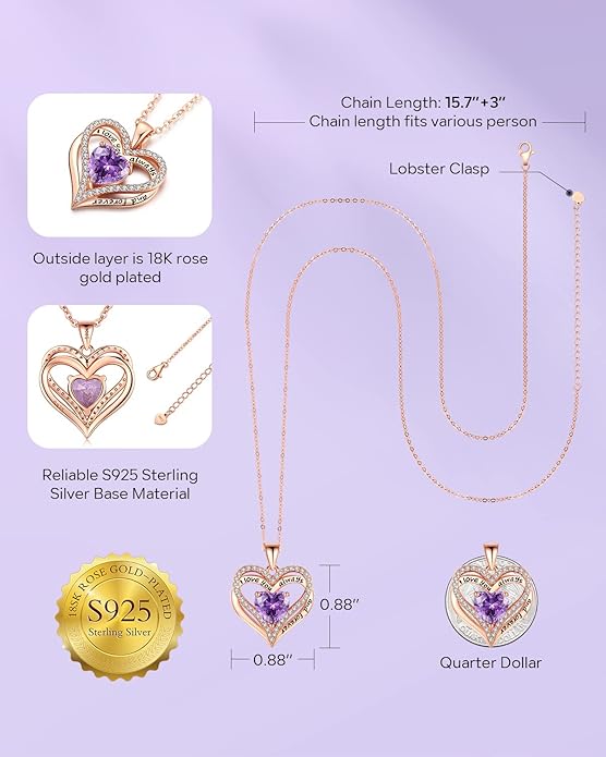 S925 Sterling Silver Necklace for Women, Wife Jewelry Rose Gold, Mom Birthday Valentines Mothers Day Gifts, Girlfriend Necklaces, Daughter Heart Jewel, Anniversary for Her