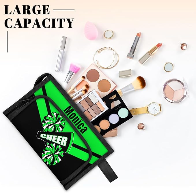 Custom-Makeup-Bag Personalized Travel Toiletry Bag Text Customized Cheer Makeup Bags Cosmetic Bags for Women With Divider & Handle Green