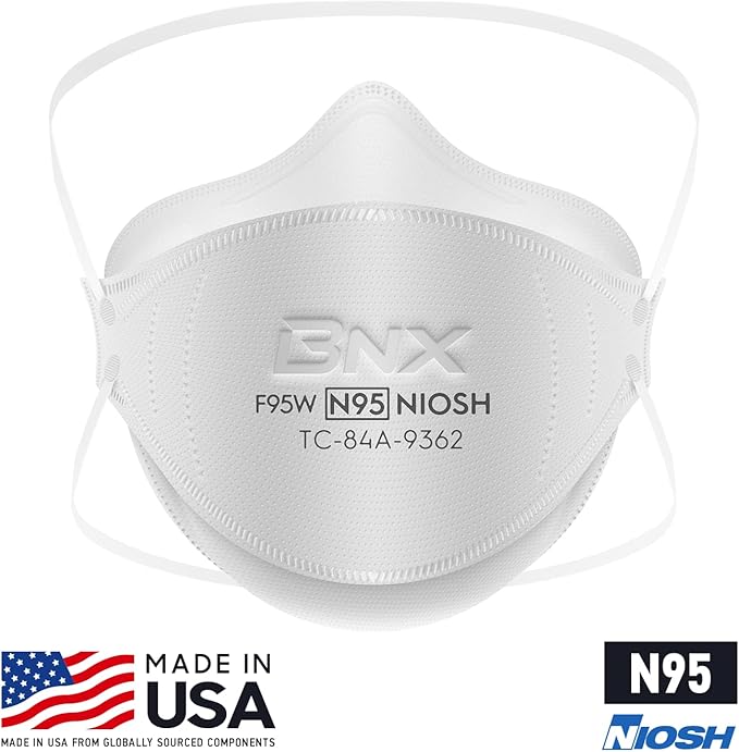 BNX N95 Mask NIOSH Certified MADE IN USA Face Mask, Tri-Fold Cup/Fish Style, 10,20,50-Pack - Black, White (Model F95B,F95W)