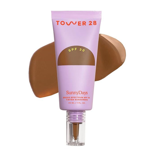 Tower 28 Beauty SunnyDays SPF 30 Tinted Mineral Sunscreen - For Sensitive Skin - 2-in-1 Facial Broad Spectrum UVA/UVB Protection + Foundation - Shade 55 TEMESCAL - Deep with Golden Undertones, 1 Fl Oz