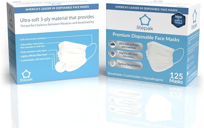 Litepak 125-Pack Disposable Face Mask Premium Comfort Earloops with Dispenser Box (White)