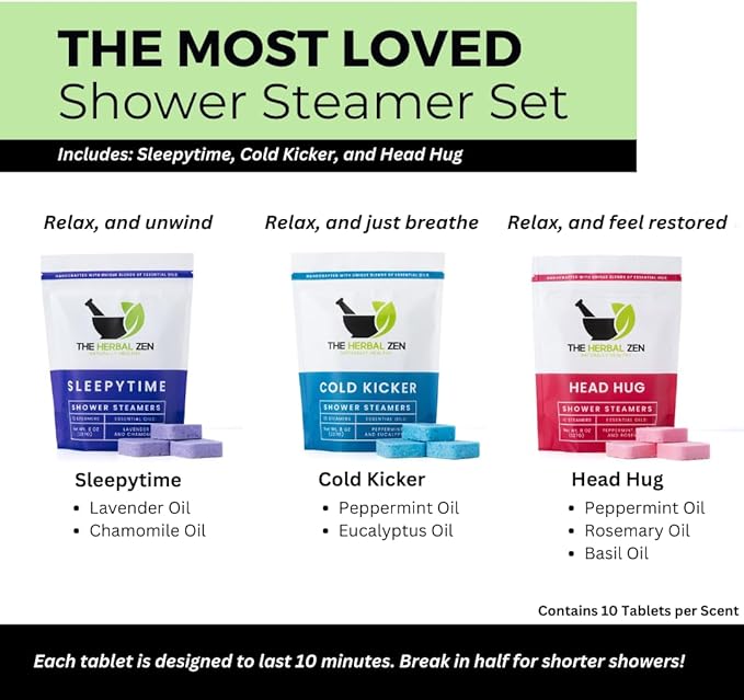 Bulk Shower Steamers with Essential Oils Combo Set by The Herbal Zen (3 Packs of 10 Tablets, Value Set), Bulk Shower Bombs, Relaxation Gift for Women and Men, Birthday Gifts, Mothers Day Gift