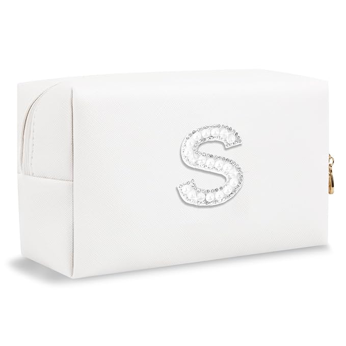 Bride Gifts – Personalized Initial Makeup Bag with Pearl Rhinestone Patch, Preppy White Monogram Cosmetic/Toiletry Pouch, bridesmaid Gifts, Bridal Shower Gifts, Wedding Gifts, Bridal Gifts,S