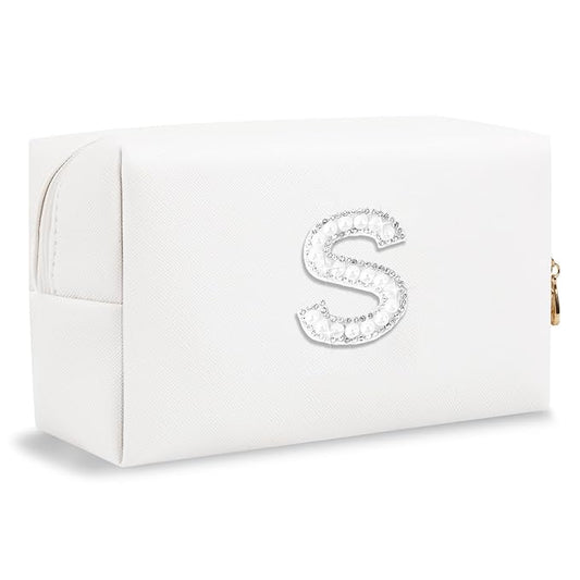 Bride Gifts – Personalized Initial Makeup Bag with Pearl Rhinestone Patch, Preppy White Monogram Cosmetic/Toiletry Pouch, bridesmaid Gifts, Bridal Shower Gifts, Wedding Gifts, Bridal Gifts,S