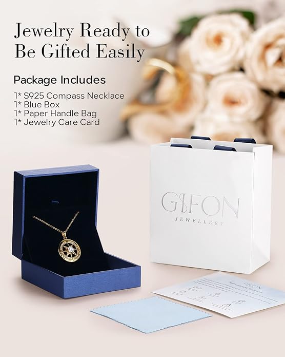 S925 Necklace Gift for Wife |Compass Jewelry |Women Anniversary |Sterling Silver |Girlfriend Birthday Gifts for Her Valentines |I'd be Lost without You |Jewel 18K Gold