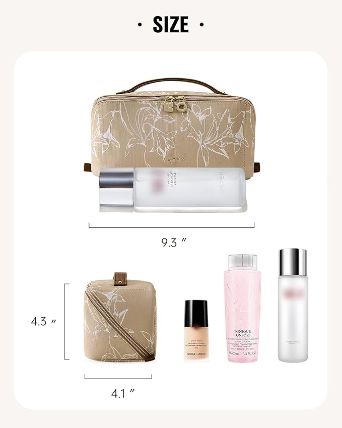 EACHY Travel Makeup Bag, Large Capacity Cosmetic Bags for Women, Waterproof Portable Pouch Open Flat Toiletry Bag Pattern Makeup Bag (F-Brown)