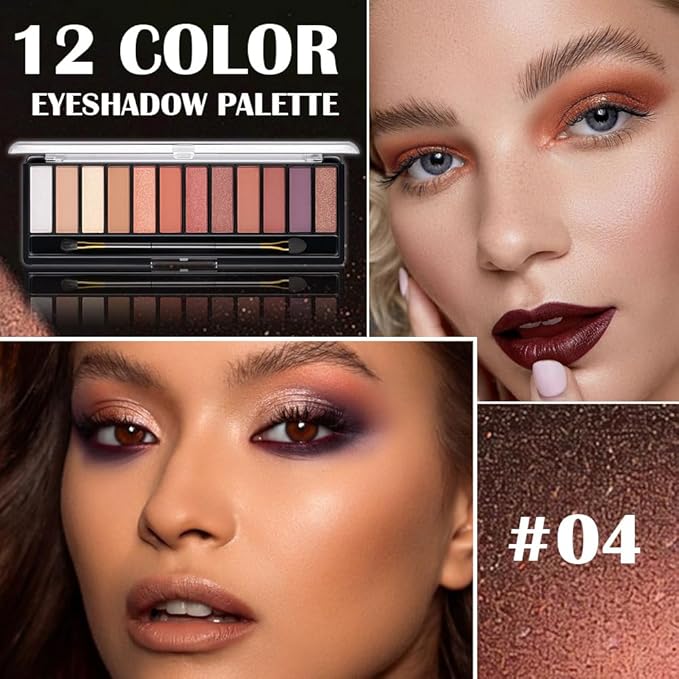 12 Colors Warm Eyeshadow Palette – Matte, Shimmer & Glitter Copper Coral Tones – Rose Gold, Champagne, Bronze & Terracotta Shades – High Pigment, Long-Lasting Eye Makeup for Women – 04#