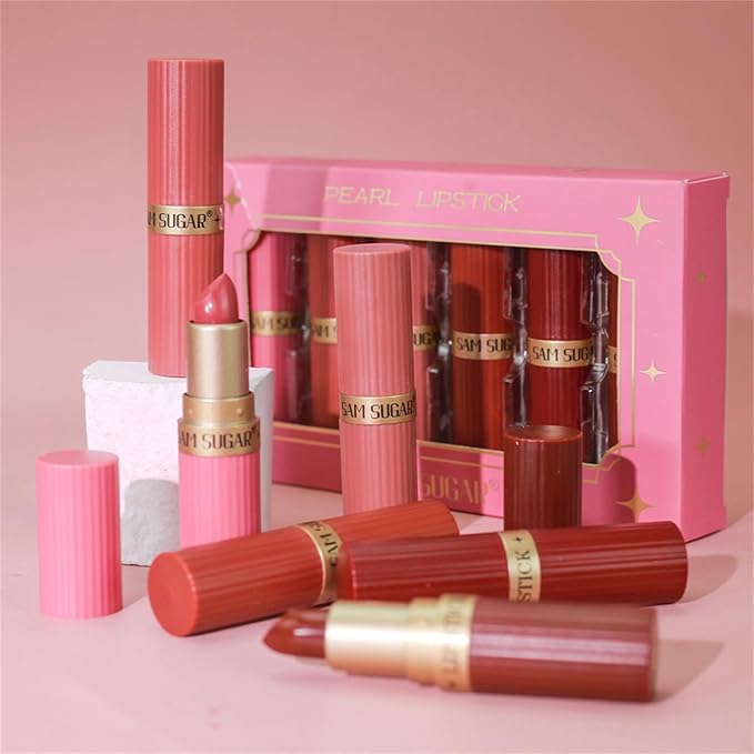 BONNIE CHOICE 6Pcs Glitter Lipstick Set, Red Rose Nude Pink Brown Glitter Shimmer Shine Lipstick Sets for Women Waterproof Long Lasting 24 Hours Lip Stick Makeup Gift Sets