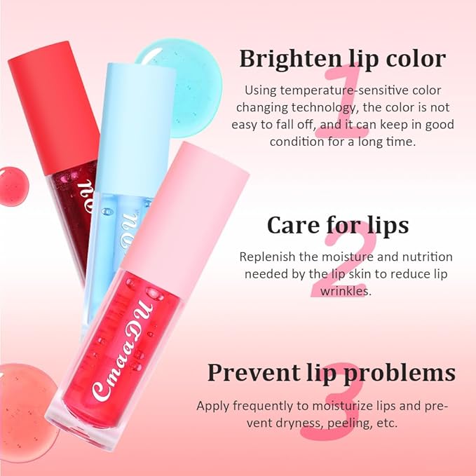BINGBRUSH 3 Pcs Fruity Color Changing Lip Gloss for Girls, Pink Magic Mood Lip Oil Tinted, Temperature Color Change Lip Stain Lip Balm, Longlasting Lips Will Not Dry Out
