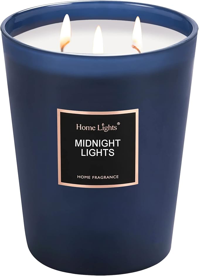 HomeLights Highly Scented Soy Candles Big 33.3 oz for Home. 3 Cotton Wicks, Smokeless Long Lasting 130 hrs in Midnight Lights. 5x6, Great Gift for Women & Men