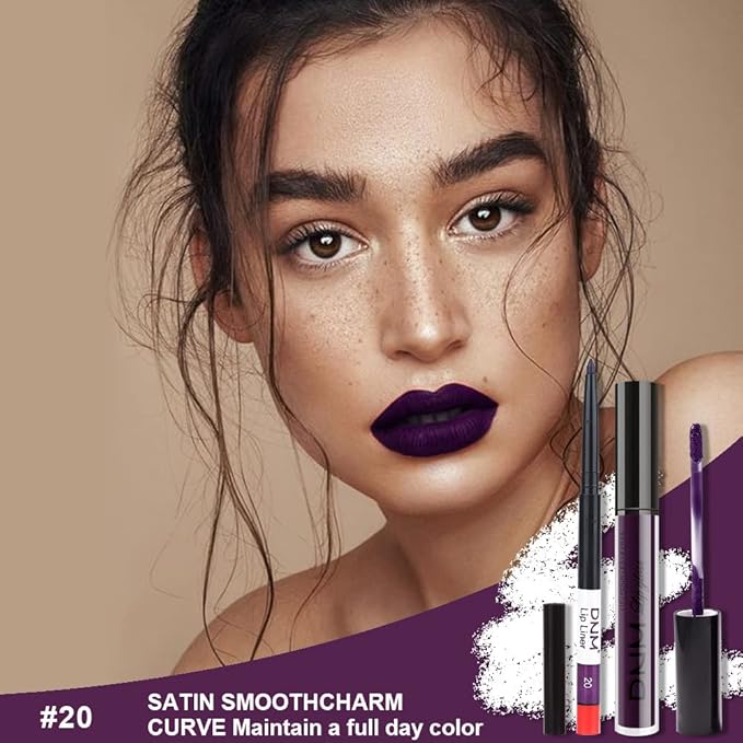 Amy's Diary 2Pcs Dark Purple Lip Liner and Lipstick Matte Makeup Set, Darkest Eggplant Plum 24H With Liner Set, Matt Liquid Long Lasting Mate Dark Berry (#20)