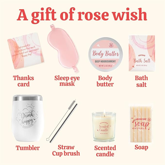 Bath and Body Gift Set for Women, 8 Pcs Rose Spa Set Presents for Women, Self Care Kit Includes Wine Tumbler, Sleep Eye Mask and More Birthday Gifts for Her,Christmas Presents for Her