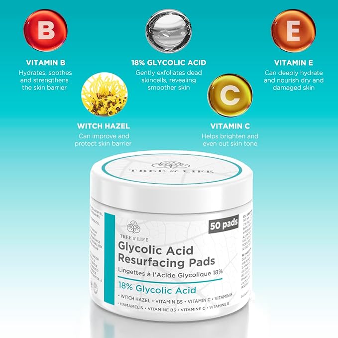 Tree of Life Beauty 18% Glycolic Acid Pads for Face (50 Pads) - Exfoliating Pad for Face with Witch Hazel, Vitamin C, Vitamin B5 and Vitamin E - Smooth Pore Pad Reduce Pigmentation and Fine Lines