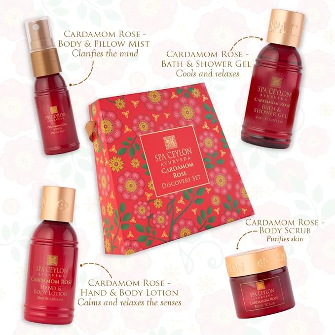 Spa Ceylon Cardamom Rose Discovery Set | Mind & Body Care Travel Size Set for All Skin Types |Body & Pillow Mist |Bath & Shower Gel | Hand & Body Lotion | Body Scrub