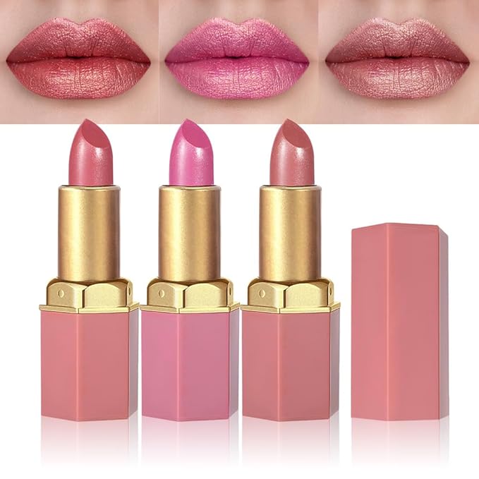 3Pcs Nude Pink Metallic Lipstick Lip Gloss for Women Set,Lightweight Shimmer Frosted Long Lasting Lipstick,Glitter Lip Stain Waterproof Smudge Proof 24 Hour Full Coverage Lip Makeup,Vegan（07,08,09)