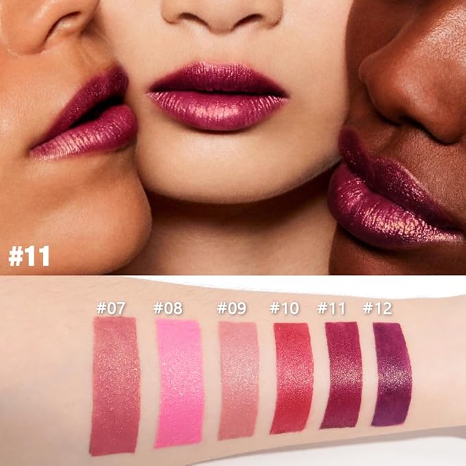 3Pcs Metallic Lipstick for Women,Lightweight Shimmer Frosted Lipstick,Glitter Lip Gloss Stain Long Lasting Waterproof Smudge Proof 24 Hour Full Coverage Lip Makeup,Vegan（10,11,12)