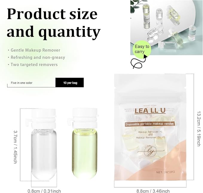 2 in 1 Disposable Makeup Remover Set, Portable Mini Liquid Remover Oil serum 10 Pieces, Includes 20 Remover Cottons, Natural Deep Cleanser for Face, Portable Skincare Facial Oil