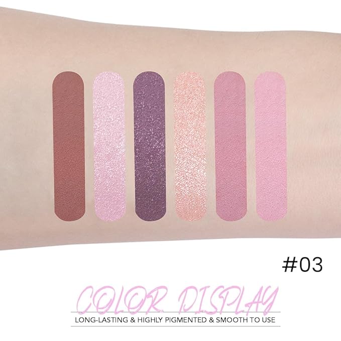 6-Color Pink Champange Purple Matte & Shimmer Eyeshadow Palette with Mirror – Highly Pigmented, Long-Lasting Eye Makeup for Artists & Creative Looks (03#)