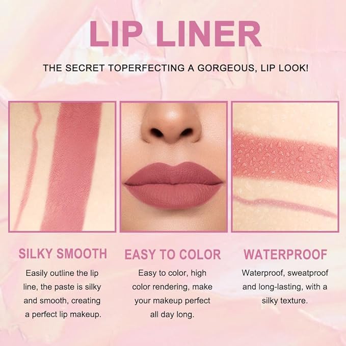2-in-1 Chestnut Antique Rose Lipliner Lipstick Combos, Matte Lipstick Stay on Lipsticks 24 hour Long-Lasting for Women, Lips Kit with Lip Liner Lip Stains 24 Hour Long Lasting Waterproof 04