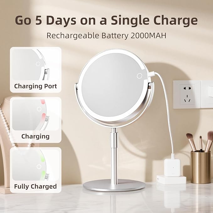 Makeup Mirror with Lights, 8" Double Sided 1x/10x Magnifying Vanity Mirror with 3 Color Lights, Rechargeable, 360° Rotation and Adjustable Height, Gift for Women Her