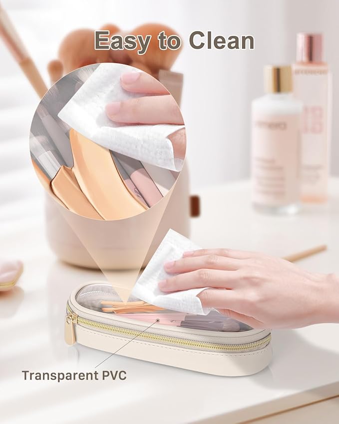Clear Travel Makeup Brush Holder, Leather Makeup Brush Toiletry Bag, Portable Cosmetic Brush Case, Transparent Waterproof Makeup Brush Storage Bag, White, Large