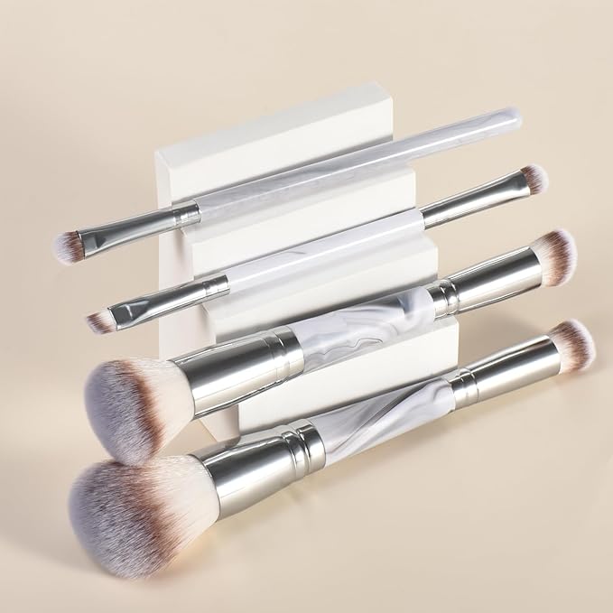 YJ-Anyue4PCS Dual-Ended Makeup Brushes & Blending Sponge Set, Professional Foundation Concealer Eyeshadow Kabuki Brush with, for Liquid Powder Cream, Vegan & Cruelty-Free