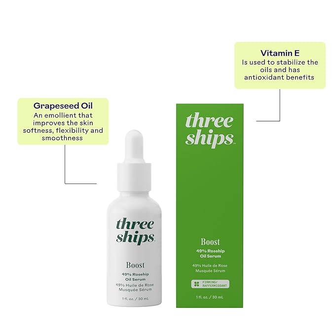 Three Ships - Boost 49% Rosehip Oil Serum | Moisturize, Firm, Plump Skin | Cruelty-Free, Vegan, Paraben-Free, Sensitive Skin Safe (1 fl oz | 30 mL)