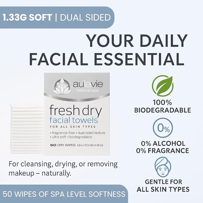 AULAVIE Fresh Disposable Face Towels, XL Self Care Dry Cleansing Cloth for All Skin Types, Ultra Soft Makeup Remover Wipes, Dry Towelettes for Acne and Skincare, Biodegradable; 10"x12" - 50 Wipes
