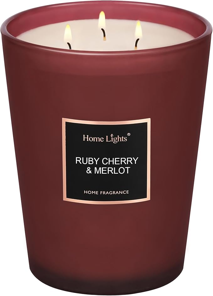 HomeLights Scented Candles - Large Jar Aromatherapy, Natural Soy Wax, 130 Hour Long Burning, Ruby Cherry & Merlot