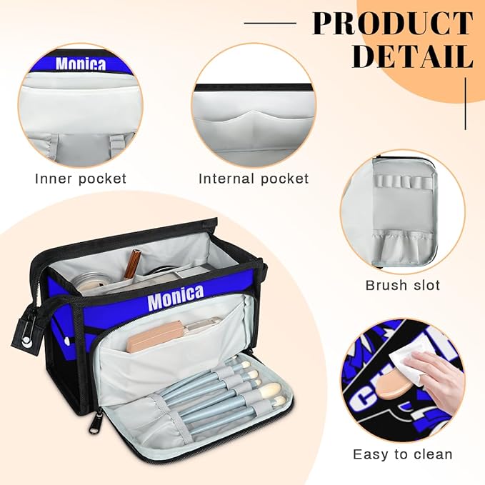 Custom-Makeup-Bag Personalized Travel Toiletry Bag Text Customized Cheer Makeup Bags Cosmetic Bags for Women With Divider & Handle Dark Blue