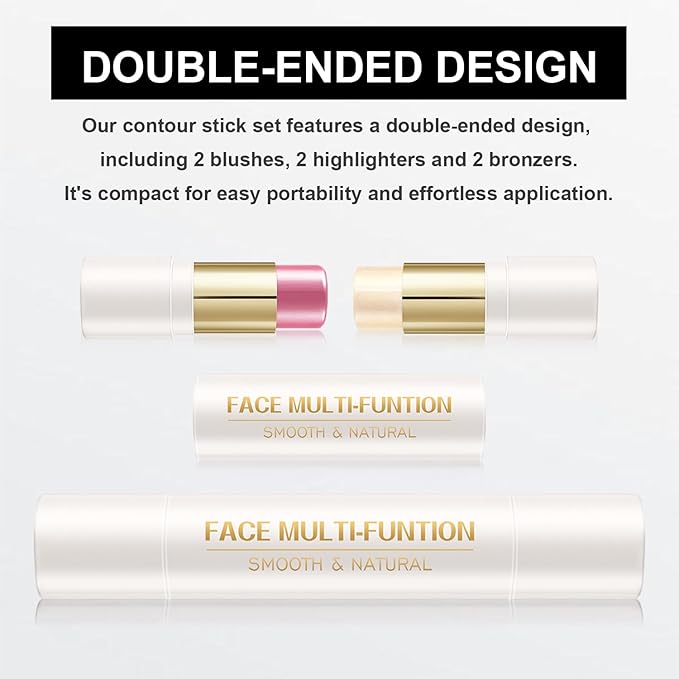 6 Colors Cream Contour Stick Makeup Kit, Shades with Blush, Highlighter and Bronzer, Double Ended Contour Stick for Cheeks, Waterproof and Long Lasting, Matte and Dewy Finish (Set A)