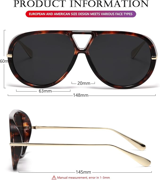 AIEYEZO Oversized Aviator Sunglasses Women Men Fashion Retro Big Frame Sun Glasses Designer Ladies Shades