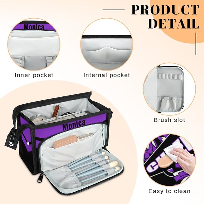 Custom-Makeup-Bag Personalized Travel Toiletry Bag Text Customized Cheer Makeup Bags Cosmetic Bags for Women With Divider & Handle Purple