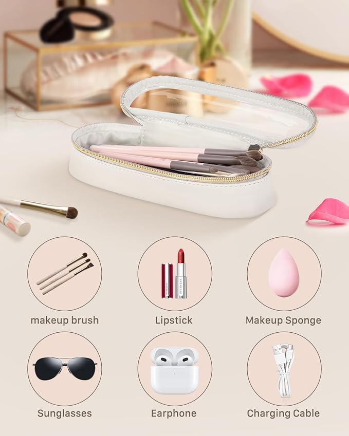 Clear Travel Makeup Brush Holder, Leather Makeup Brush Toiletry Bag, Portable Cosmetic Brush Case, Transparent Waterproof Makeup Brush Storage Bag, White