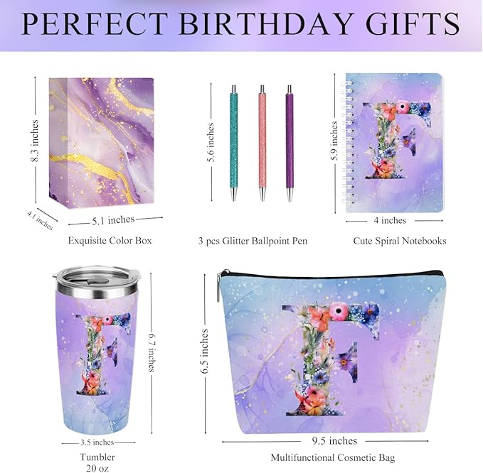 Personalized Gifts Monogrammed Birthday Gifts for Women, Aunt Grandma Retirement Christmas Initial 20 oz Tumbler, Makeup Bag Cup Ballpoint Pens Journal Notebook 6 Set, (Aesthetic Purple Flower F)